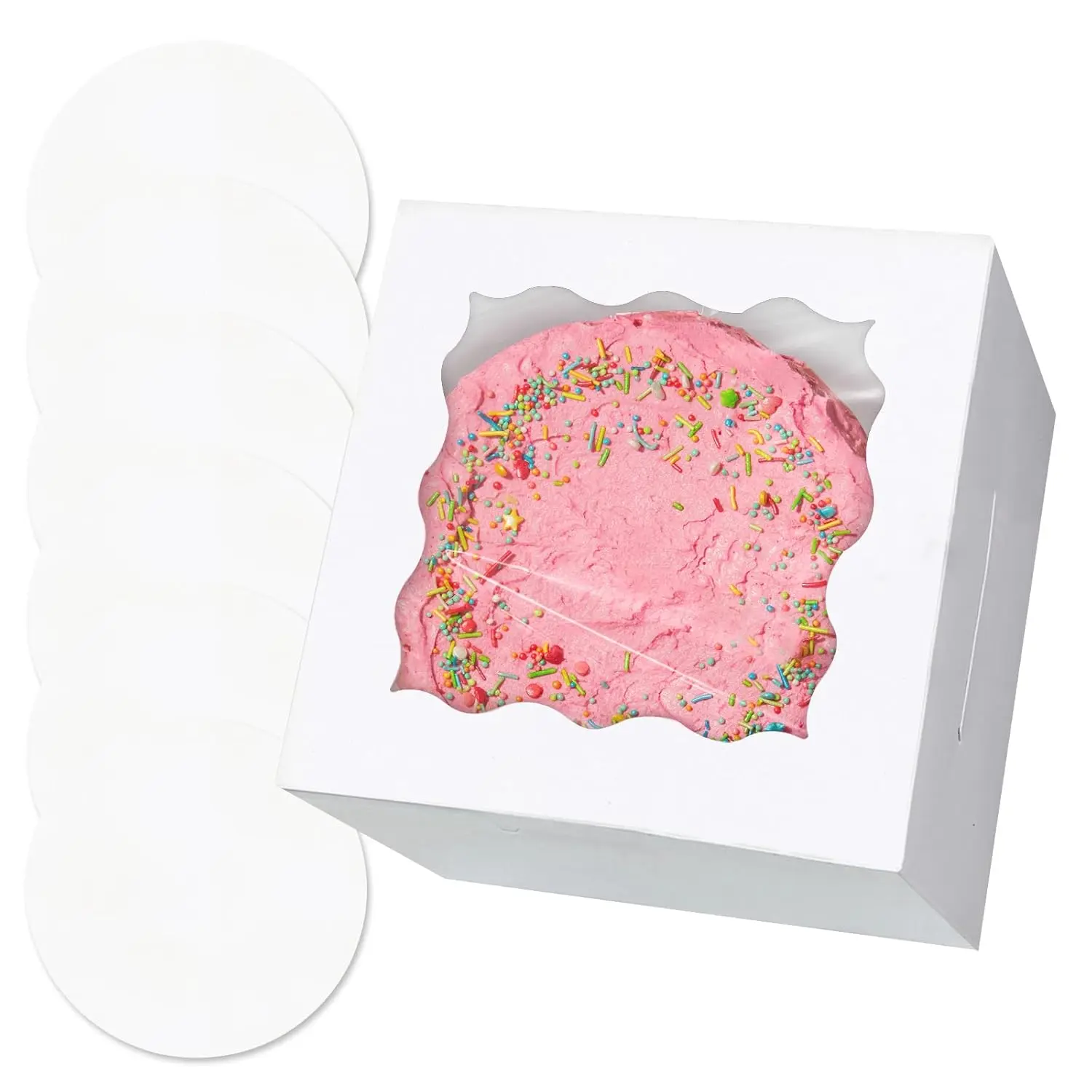 White 6x6x5 Cake Box, 4 Sets White Cake Box with Window & 4 Sets 6" White Cake Round Boards, 6inch Cake Containers