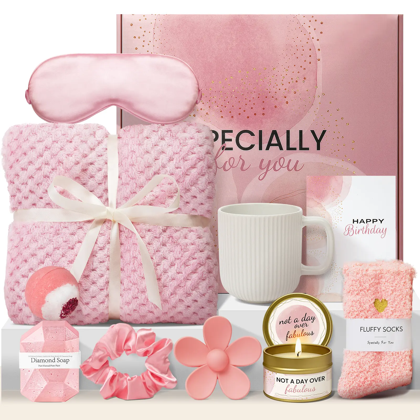 Natural Body Care Gift Set, 10pc Relaxing Spa Kit for Women, Pink Self-Care Box with Cleanser - Mom Gifts Set for All Skin Types, Premium Gift Set