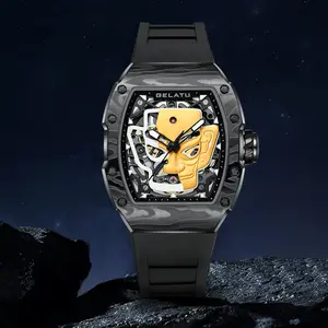 Unique Sanxingdui Mask Skeleton Automatic Men Watch, Forged Carbon Fiber Tonneau Barrel Case, Intricate Hollow Gear Movement Dial with 3D Golden Ancient Mask Ornament