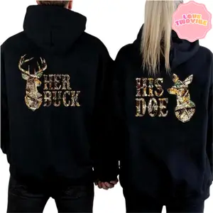 Couple Matching Her Buck His Doe Hoodie Camo Hunting Couple Hoodies Graphic Casual Fleece Fabric Pullover Hooded Sweatshirt for Women for Men, Perfect Love Gift