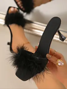 Women's Elegant High Heels, Elegant Sandals, 2026 New Fashion Square Toe Fur Rubber High Heels, Perfect for Parties, Daily Wear, Special Occasions Footwear