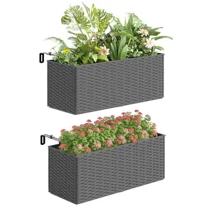 Outsunny Railing Planter Box (2 Pack, 20 Inch), Hanging Flower Pots with Hooks, Drainage Holes for Fence, Balcony, Garden, Patio, Rattan Look