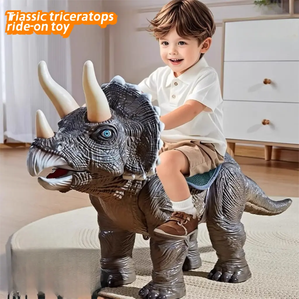 2026 TikTok Viral Plastic Triceratops Dinosaur Electric Scooter - Kids Outdoor Slide & Scoot Toy with Batteries, Lights Sounds, Parent Push Handle, Toddler Birthday Gift