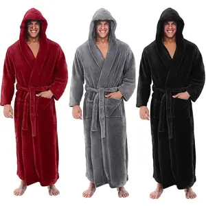 Men's Hooded Fleece Robe Thick Comfortable Hooded Robe Autumn Winter Bath Sleepwear Nightwear