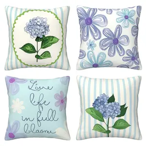Spring Blue Hydrangea Pattern Pillow Cover, Striped Style, Good Luck! Summer floral pattern sofa cushion cover, 4-piece set with double-sided printing