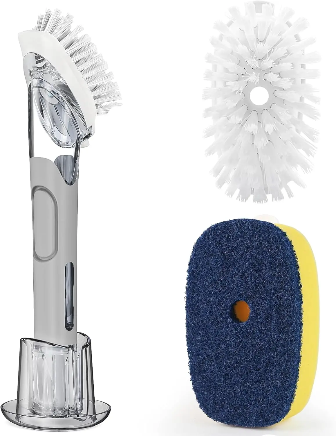 Dish Brush with Soap Dispenser Storage Set with 2 count Brush Refills & Holder, Dish  with Soap Dispenser, Dish Soap Brush, Dish Wand with Soap Dispenser for Dishes, Pans, Sink, Pots(Gray)