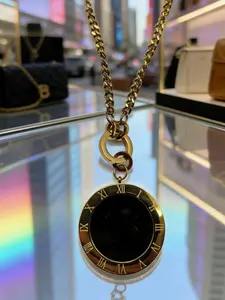 Trendy Long Sweater Chain Necklace, Stainless Steel Roman Numeral Pendant, Anti-Fade Luxury Jewelry, All Seasons Fashion Accessory