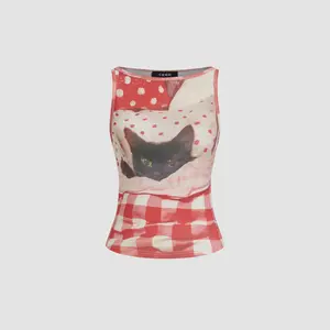 CIDER Women's Cotton-Blend Ruched Tank Top - Gingham Cat Graphic Boat Neck, Cute Casual Spring Vacation Beachwear Top