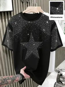 Y2K Shiny Street Style Loose Fit T-Shirt, Round Neck, Rhinestone Starburst Print, Unisex Casual Party Tee, Long Fitted Short Sleeve Top