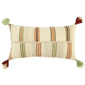 360 Stand Cream Striped Cotton Fabric Bohemian Chic Lumbar Pillow - Earth Tones, Tassel Accents, Multi-Color, Indoor Use (Model 403447), Artisan Lumbar Pillows