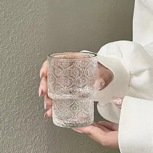 Relief-style stackable glass cups for commercial use, retro-style iced American coffee cups, modern-in-style juice cups