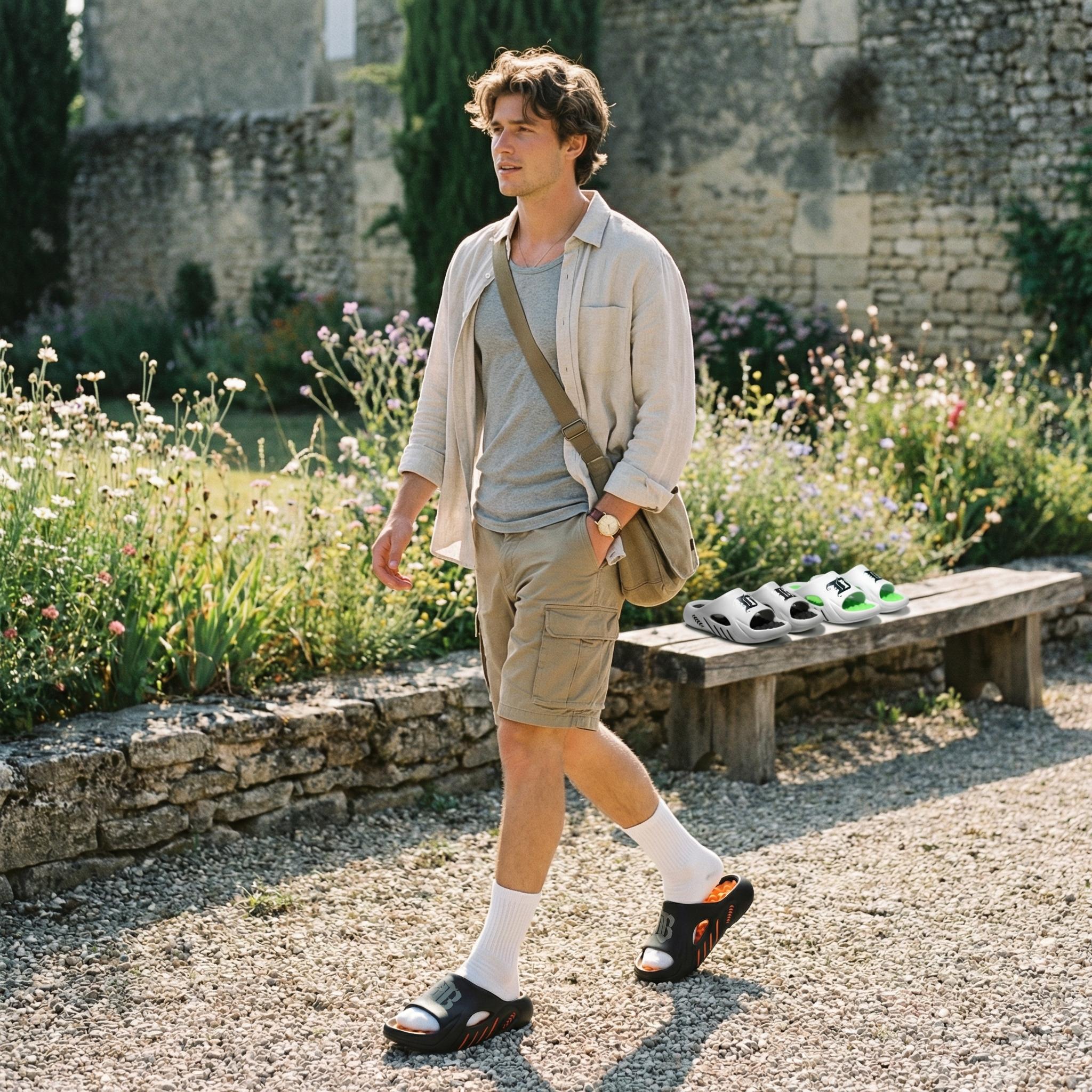 Men’s EVA Slide Sandals with Bold Letter Print – Breathable Hollow Design, Non-Slip Sole, Massaging Footbed, Stylish Summer Slippers for Indoor & Outdoor Walking Shoes Footwear Black，great for match day comfy sports lippers beach