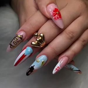 C30- Tropical Puerto Rico Press-On Nails, Flag Inspired Red White Blue Design, Palm Tree & Gold Accent Details, Handmade Summer Vacation Nail Art, Coastal Island Style Press Ons