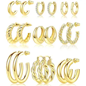 Set of 9 gold hoop earrings, designed exclusively for women. Twisted hoop earrings with a gold-plated finish—the perfect gift for girls on Valentine's Day, Mother's Day, or birthdays. Lightweight and stylish.