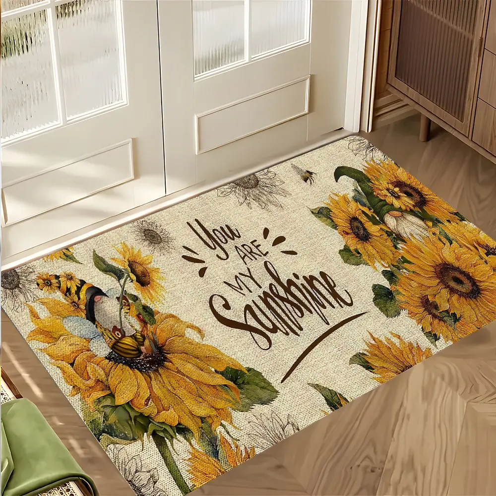 Sunflower Gnome You Are My Sunshine Welcome Doormat, Rustic Farmhouse Floral Anti-Slip Mat with Bee Design, Absorbent Quick Dry Floor Mat, Soft Low-Profile Indoor Outdoor Entrance Floral Print Rug for Front Door Porch Entryway, Home Decor, Gift for Family