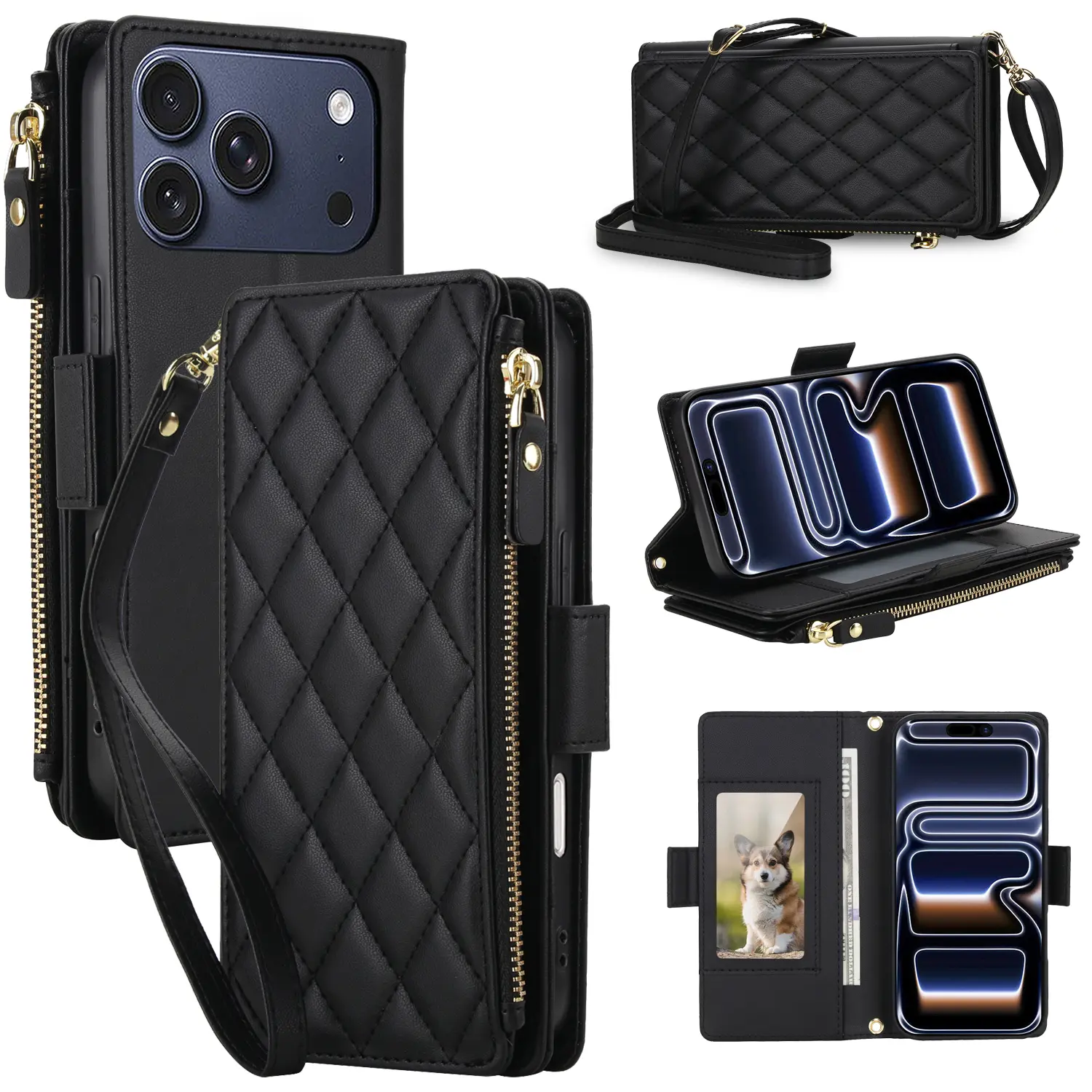 Crossbody Wallet Case Compatible with iPhone17 Pro Max 16 15 14 13 12 11 Wallet flip Cover PU Leather, Rhombus for Women Men, Zipper Pocket, Kickstand, Wrist Strap, Card Holder