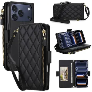 Crossbody Wallet Case Compatible with iPhone17 Pro Max 16 15 14 13 12 11 Wallet flip Cover PU Leather, Rhombus for Women Men, Zipper Pocket, Kickstand, Wrist Strap, Card Holder
