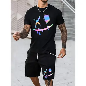 Mens 2 Piece Outfit Graphic Print Matching Set T Shirt and Shorts Lightweight Tracksuit Loungewear for Men Casual Activewear Beachwear Sporty Daily Vacation Fit Clothes Fabric Menswear Sleeve