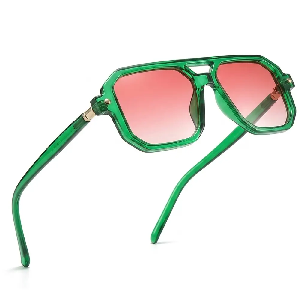 Women's Y2K Transparent Green Double-Bridge Aviator Sunglasses, Octagon Pink Gradient Lenses, UV400 Protection, Trendy Dopamine Shades