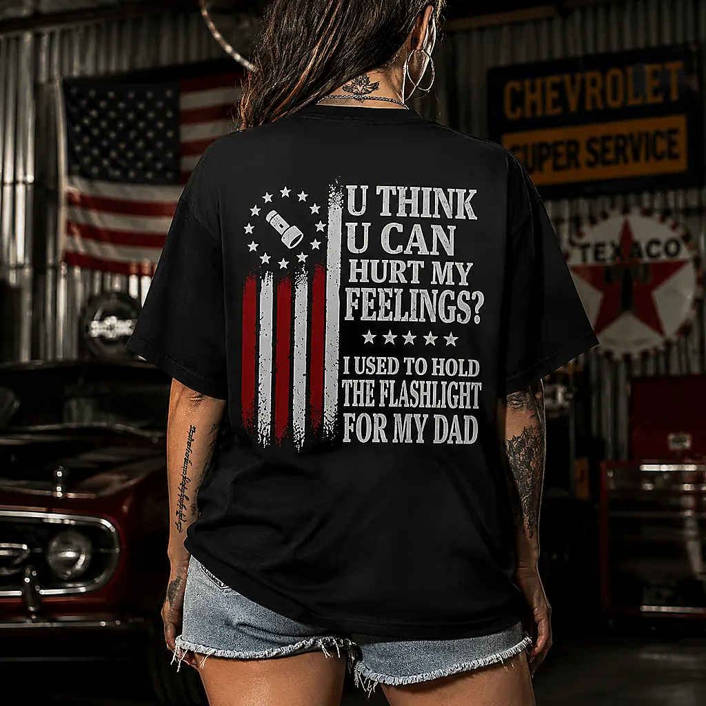 Retro Usa Flag Sarcastic Father Memory Quote Graphic Tee For Women Distressed Flag Back Print Short Sleeve Loose Top For Casual Hangouts And Patriotic Daily Outings