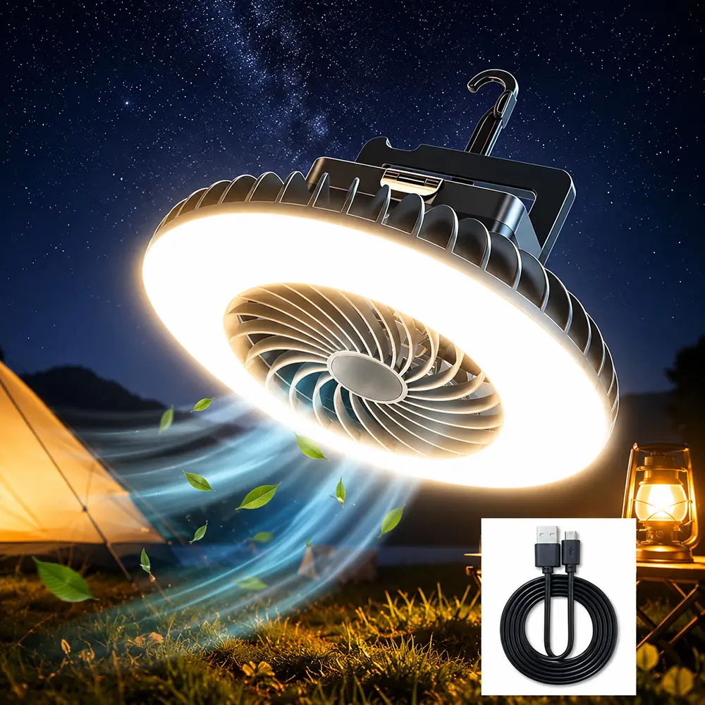LED Camping Fan Light - USB Rechargeable Tent Cooling Fan, Wall/Desktop Mount for Dorms, Small Hook Hanging for Campsites, Emergency Lighting for Summer Camping, Family Use