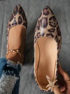 Women's Leopard Print Pointed Toe Flats, Comfortable Slip-On Loafers for Commuting and Shopping, All Season Casual Shoes, Footwear, Rubber, Walking Shoes