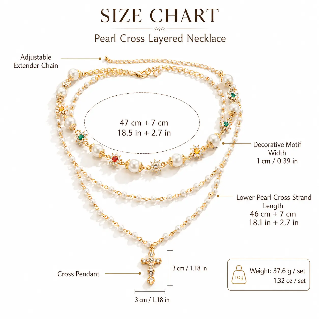 Women's Gold Pearl Cross Crystal Spiritual Jewelry Necklace - 1 Set, 3 × 3 Cm Crystals, 37.6 g, 46 Cm + 7 Cm Adjustable Chain, Sparkling, Elegant, Lightweight, Comfortable, Versatile, Feminine Summer Gift for Daily Wear & Special Occasion