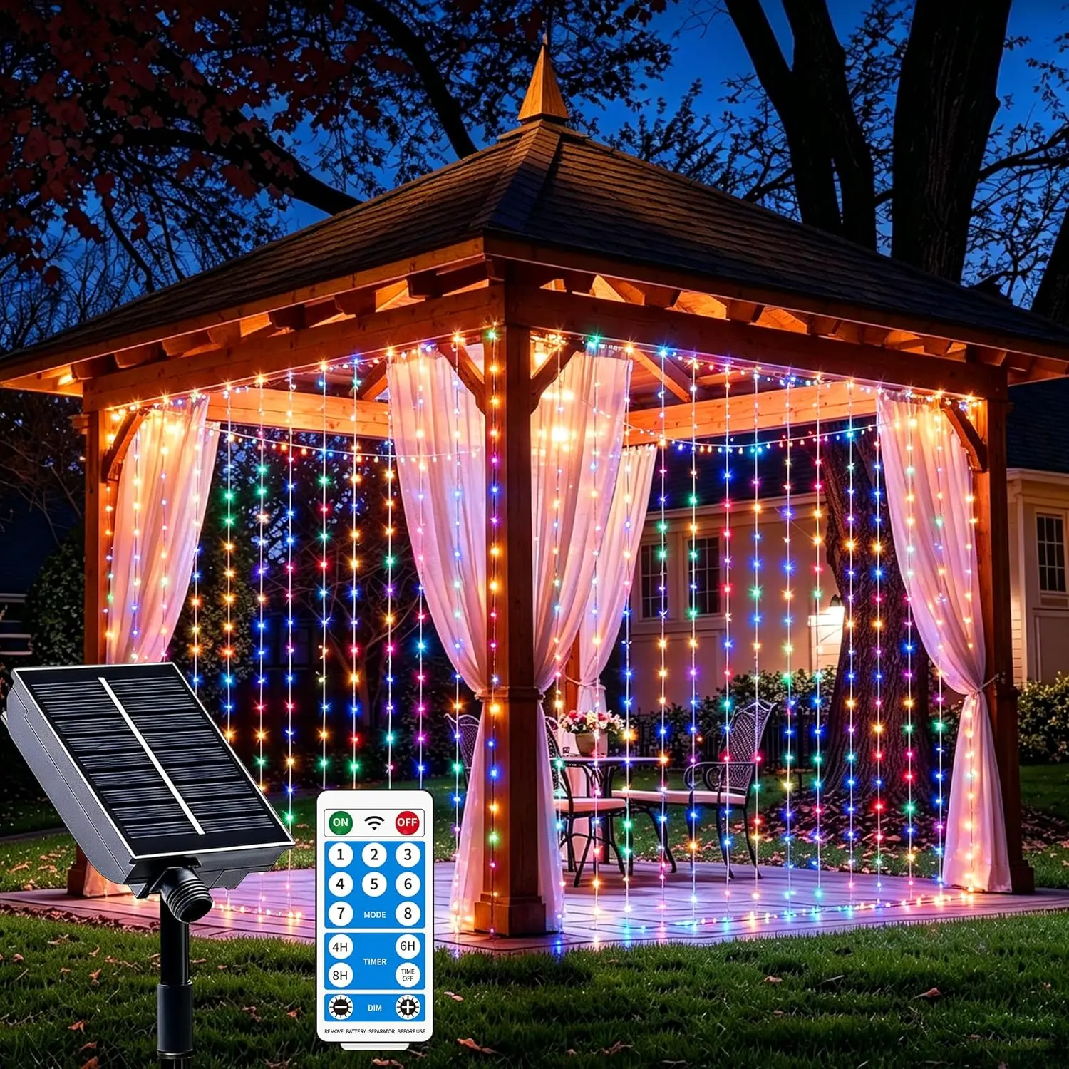 Solar Curtain Lights Outdoor Waterproof, 300LED 9.8x9.8FT Fairy String Lights with USB-C & Solar Charging, Remote Timer Twinkle Waterfall Lights for Patio Garden Wedding Decor (Colorful)