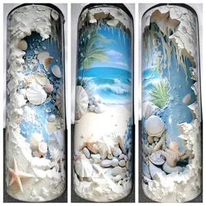 20oz Tumbler with Straw Beach Design Featuring Seashells and Palm Trees for Summer Drinks Bottle Drinkware Water Bottles Washable Portable Cup Mug Bottled Reusable