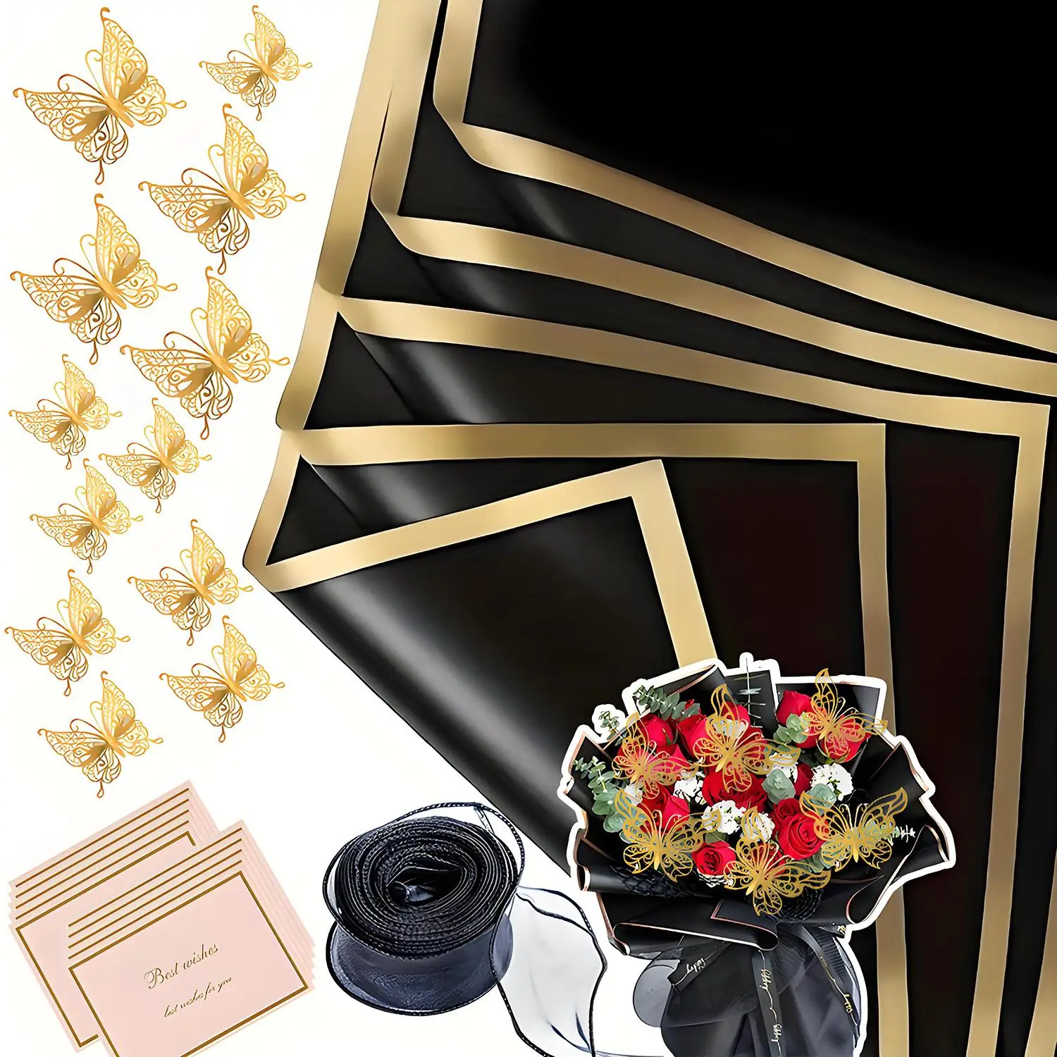 Golden Edge Flower Wrapping Plastic Paper, Waterproof Floral Packaging Film, Bouquet Wrapping Supplies For Home Party Wedding Festival, Room Decor