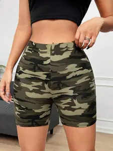 Women's Camouflage Print High-Waisted Cycling Shorts, Summer Slim Fit Stretchy Sportswear, Trendy Five-Quarter Bottoms for Ladies
