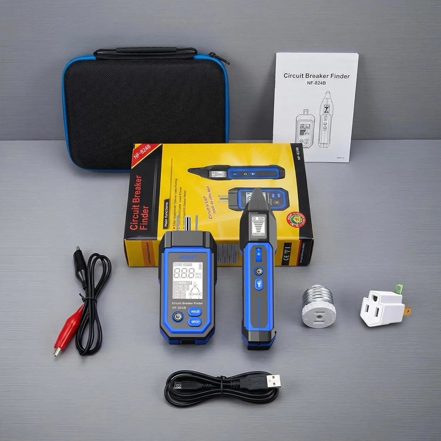 NOYAFA NF-824B Rechargeable Circuit Breaker Finder with LCD Display, GFCI Outlet Tester, NCV AC Electrical Fault Testing Tracer & Flashlight, Includes Carrying Case and Adapters