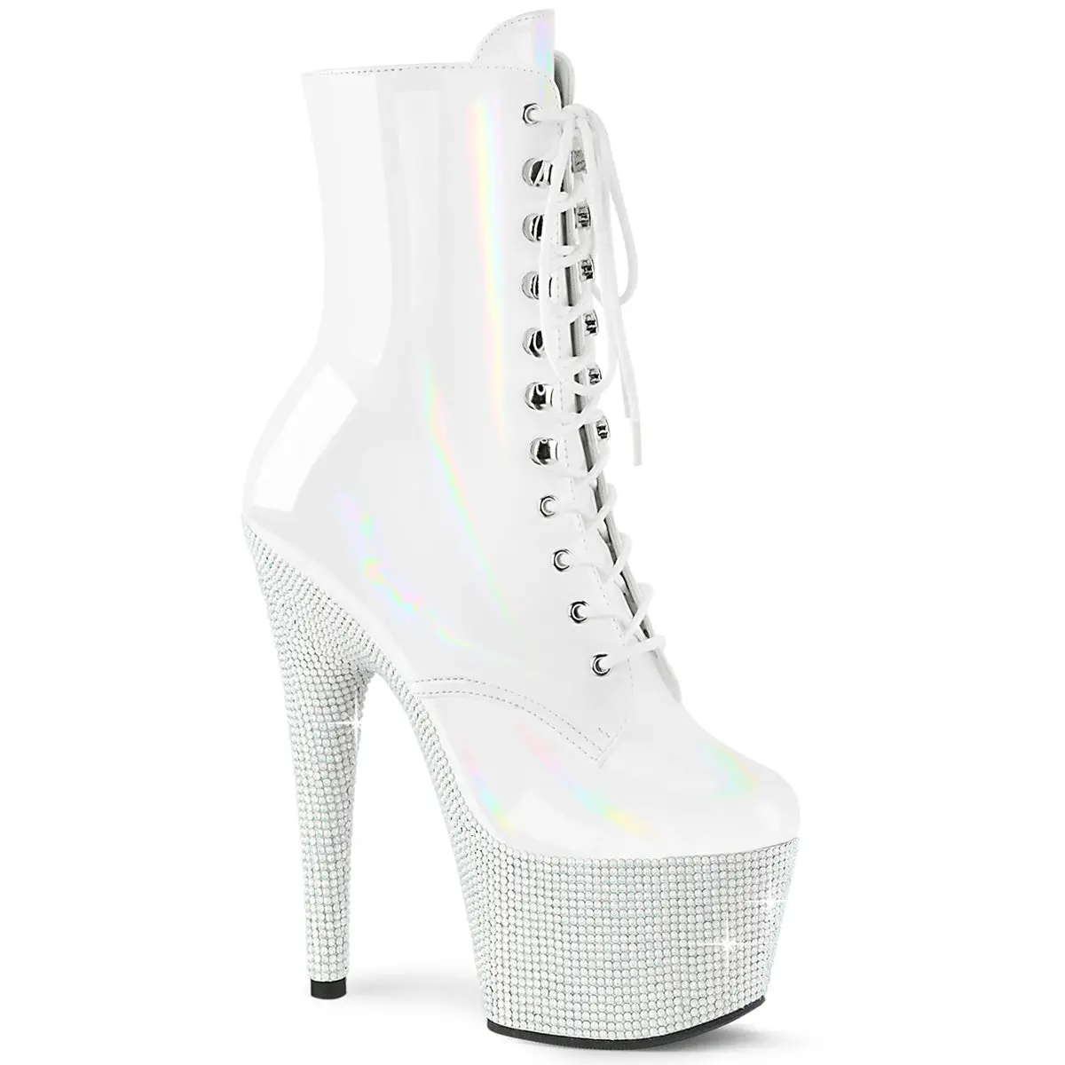 Women's White Patent Platform Ankle Boots with a 7-Inch Heel, Lace-Up Statement Shoes Featuring a Rhinestone Bottom and Inner Side Zip, Footwear, Patent Leather, Ankle Length, Side Zip Inner, Rhinestone Sole, Statement Wear, 7 In, Rhinestones