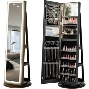 Jewelry Cabinet Armoire with Wheels, 64" H Full Length Mirror, 3-Color LED Lights, Height Adjustable Shelves, Lockable Standing Jewelry Organizer with Back Storage Shelves (Rustic Brown)