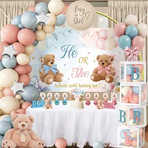 Bear Gender Reveal Decorations - He or She Party Supplies Include Balloon Garland Arch, Backdrop, 4 Boxes with 16 Letters, Silver Star Balloons - Dusty Blue Pink Boho Theme