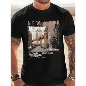 Men's Casual Streetwear T-Shirt with Vintage New York Brooklyn Street Scenes Print – Retro Western Style, Perfect for Urban Daily & Summer Fashion