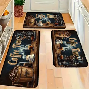 Coffee Lover's 3-Piece Kitchen Mat Collection: 'Coffee Time' Themed Rugs with Classic Coffee Gear & Aromatic Design for Home Kitchens"