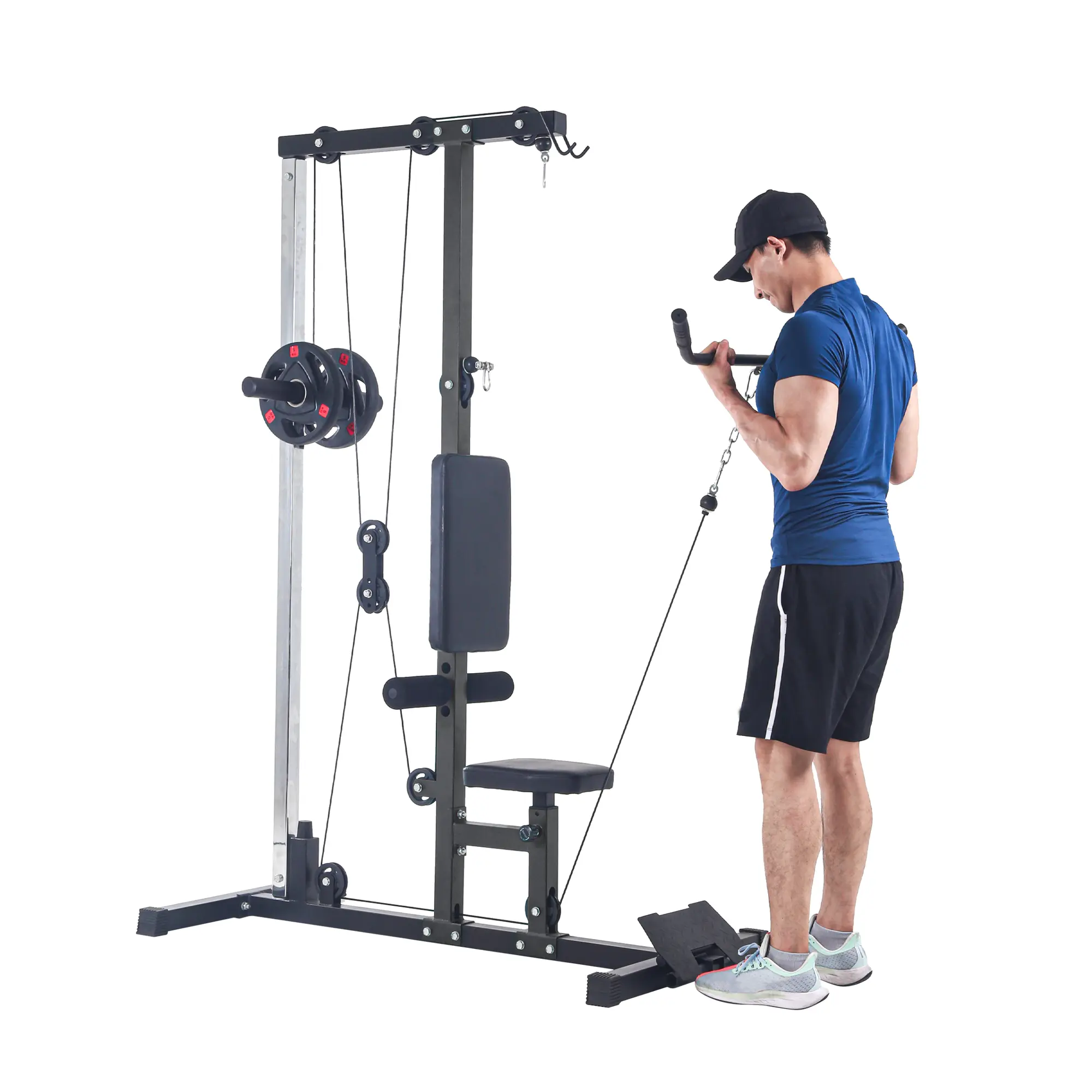 Home Gym Strength Training Machine, Multifunctional LAT Pulldown & Cable Row Equipment, Sturdy Steel Construction, Adjustable Leg Support for Various Fitness Exercises