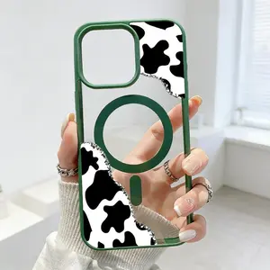 Cow Print Corner Pattern Magnetic Phone Case for IPhone 17 Pro Max 16 Plus 15 14 13 12 11 Air E Plus Non-Yellowing Clear Crystal Drop-proof Slim Silicone Shockproof Transparent Acrylic Cover Supports Wireless Charging