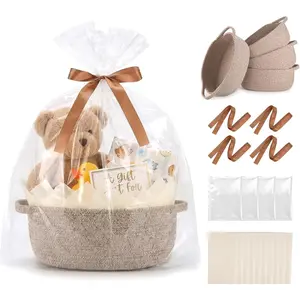 4 Pack Small Woven Baskets with Gift Bags, Ribbons, Wrap Tissue Papers – Gift Baskets Empty to Fill for Valentines, Baby Shower, Easter, Christmas Day, Decorative Storage Bins for Toys