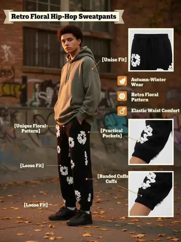 Autumn Winter Retro Floral Hip-Hop Loose Casual Pants, Casual Streetwear Trousers, Elastic Waist Pocket Sweatpants, Unisex Ring Design, Suitable for Fall & Winter
