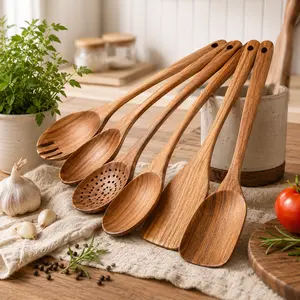 6-Piece Natural Wood Kitchen Utensil Set, Wooden Cooking Tools with Ergonomic Handles, Heat-Resistant, Includes Spoons & Spatulas&slotted spoon, Ideal for Induction Cooktops，Long Slotted Wooden Handle Spoon，Plastic free kitchen utensils， sieve