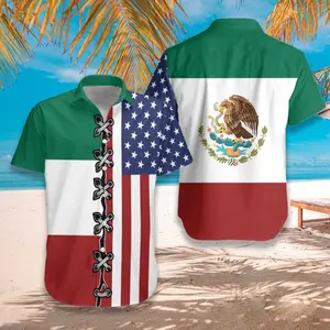 American Mexico Flag Hawaiian Shirt, Short Sleeve Casual Button Down Shirts Summer Beach Shirt, Tropical Floral Shirt