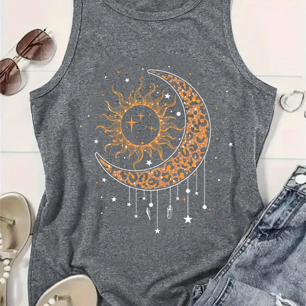 Women's Tank Top with Cute Star and Moon Graphic, Stylish Casual Sleeveless Scoop Neck, Lightweight Stretch Rayon for Summer Outdoor Wear, Retro, Korean