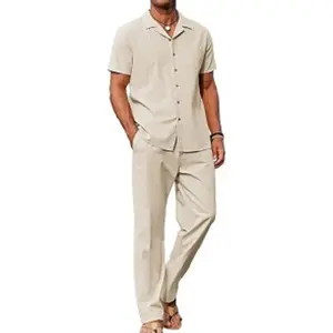 COOFANDY Men's Linen 2-Piece Outfit - Short Sleeve Button Down Shirt & Loose Fit Pants - Breathable & Relaxed Fit - Perfect for Summer Beach Wear - Medium Size
