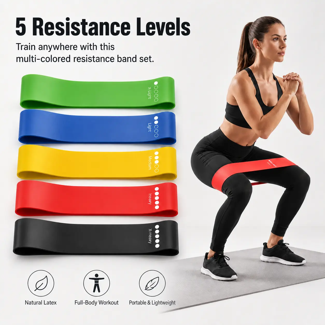 Resistance Bands Set 5-Pack, Heavy Duty Natural Latex Workout Bands for Men & Women, Portable Fitness Equipment for Glute Leg Training, Calisthenics, and Toned Arms,At-home gym equipment, Glute Leg Bands