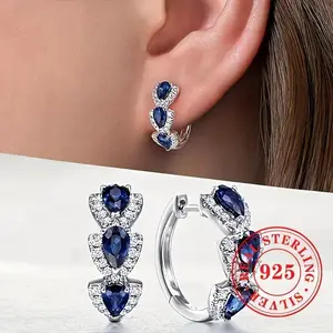 925 Sterling Silver Hoop Earrings with Blue Sapphires, September Birthstone