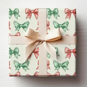 Red and Green Bows Wrapping Paper Cute Christmas Bows Gift Wrapping Roll Coquette Christmas Bows Wrapping Papers