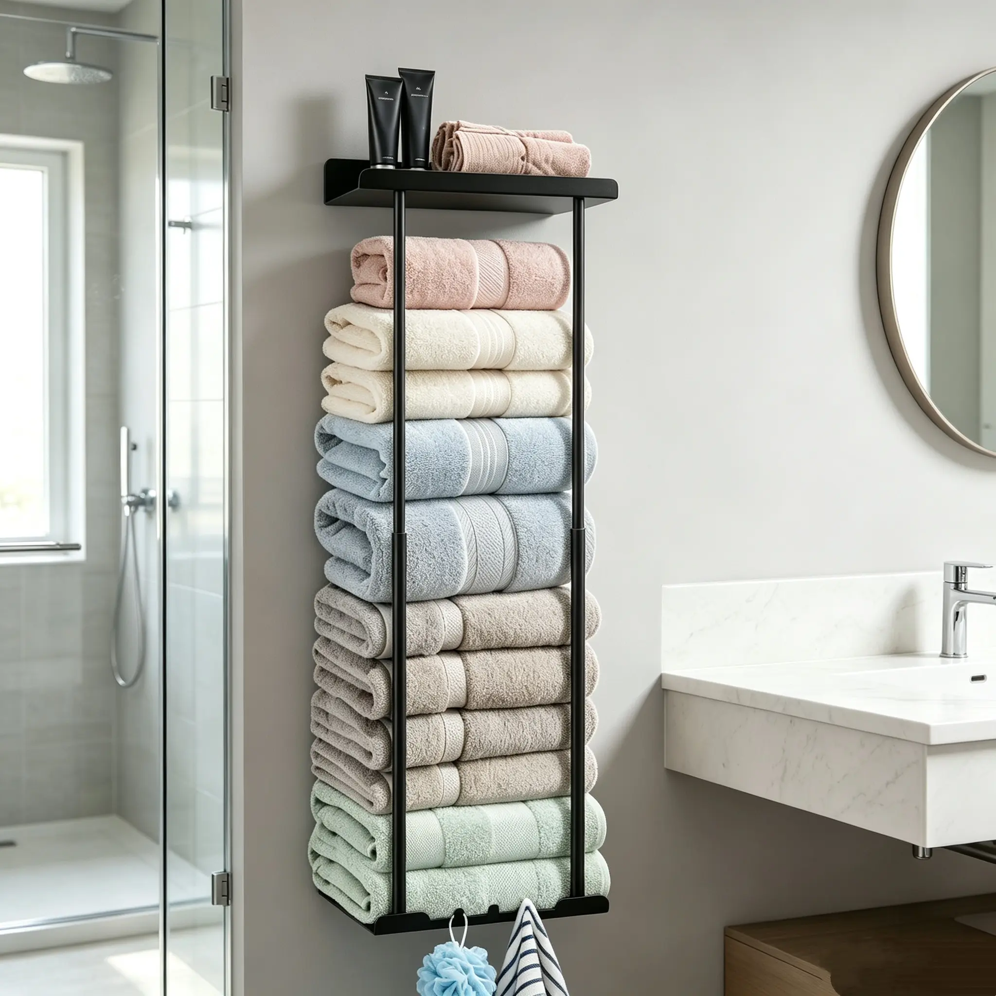 Bathroom Towel Storage Rack, Towel Racks for Bathroom Wall Mounted 30 inch with Shelf Can Holds 6 Large Towels, Wall Towel Rack for Rolled Towels, Black