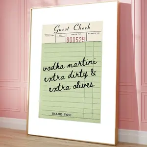 Vodka Dirty Martini Guest Check Print Typography Poster Girly Preppy Room Cocktail Bar Cart Decor Kitchen Wall Art Retro Dorm Poster No Frame